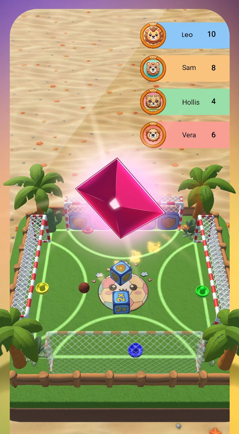 The Four-Goal Arena minigame: a green pitch with four goals and a player scoreboard.