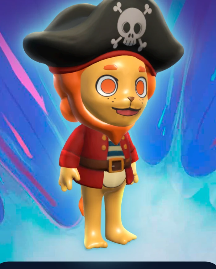 A Fiesta7 lion avatar wearing a pirate hat and red coat.