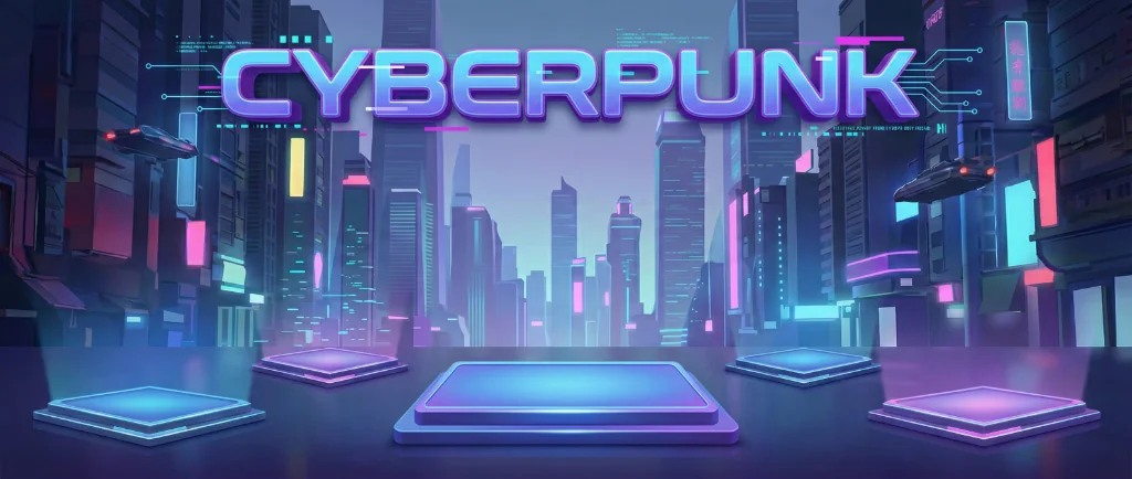 The Neon Cyber collection display: a neon city skyline and lit display platforms.