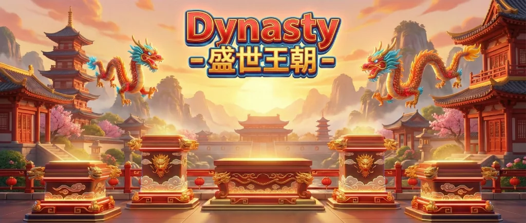 The Dynasty collection display: Chinese pavilions, dragons and empty golden pedestals.