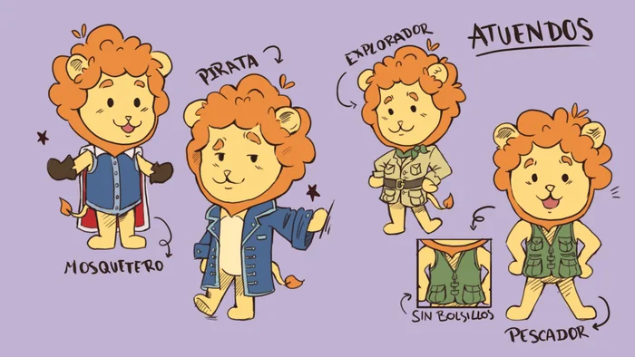 Outfit studies for Leo — musketeer, pirate, explorer and fisher.