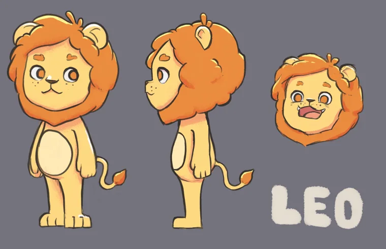 Leo's character turnaround: front, side and head studies.
