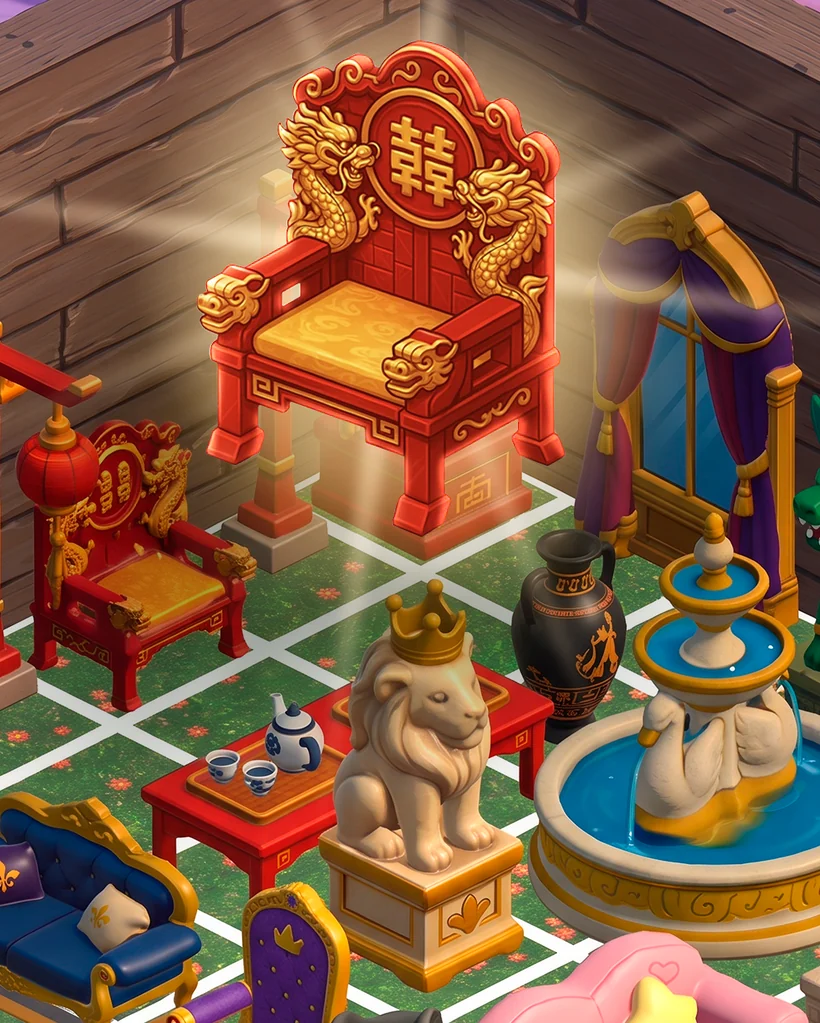A close look at a Fiesta7 room decorated with the Dynasty set: a red dragon throne, stone lion statues and a fountain.