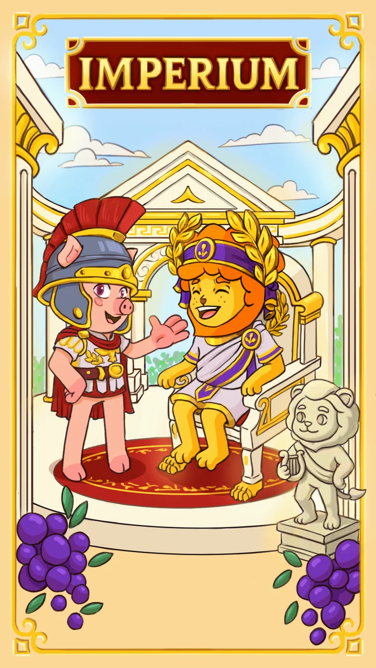 The Imperium collection poster: a lion in a laurel crown on a marble throne, greeted by a pig in Roman armour.