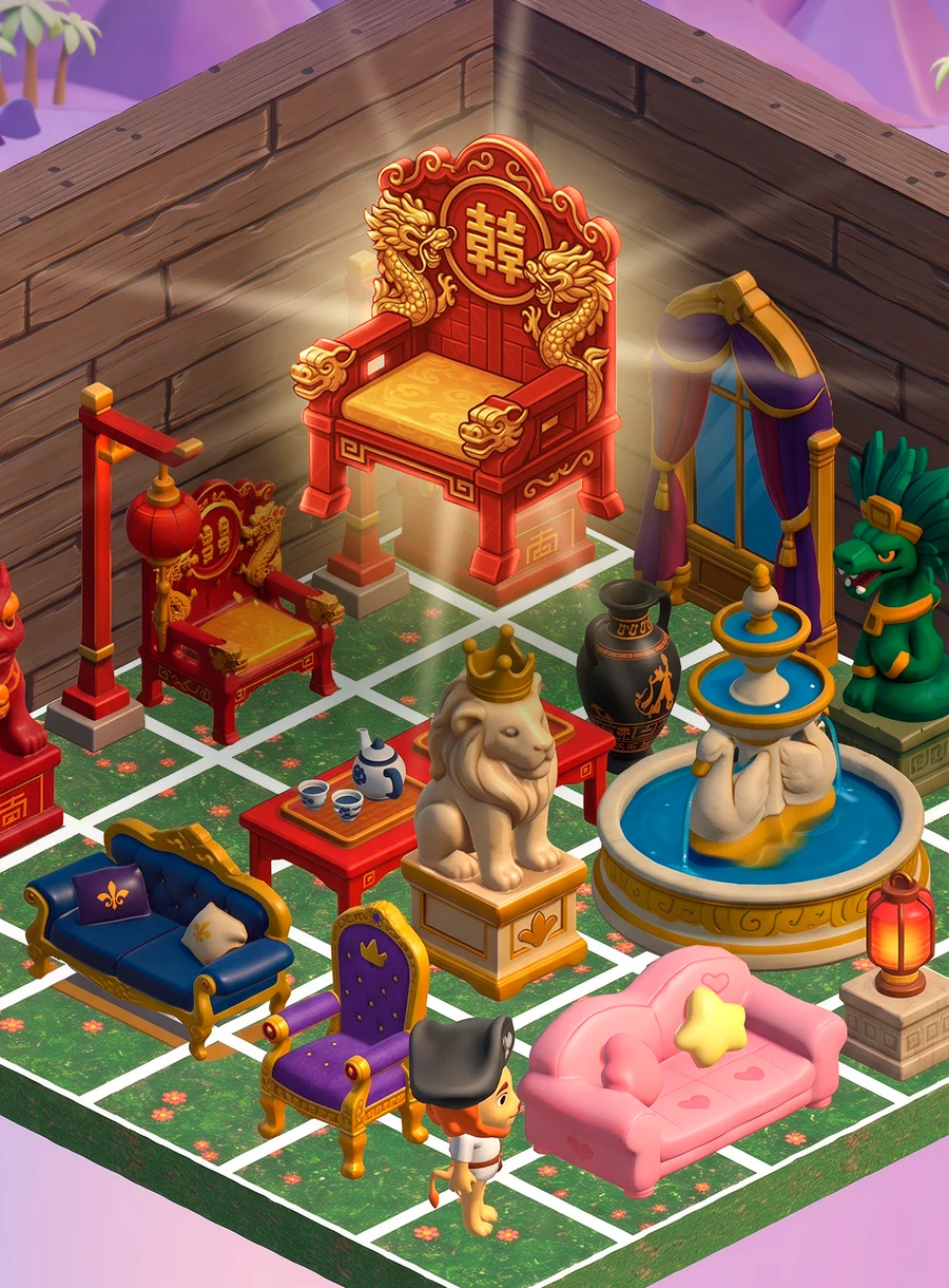 An isometric Fiesta7 room decorated with the Dynasty set: a red dragon throne, guardian lion statues and a fountain.