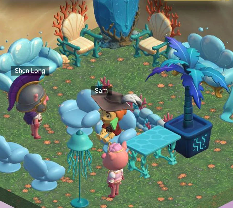 An isometric Fiesta7 room decorated with Abyssal Kingdom furniture: giant bubble seats, coral and a glowing tide crystal.