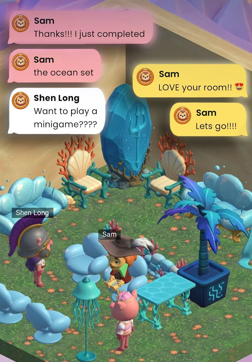 Players standing in a decorated ocean room with chat messages above them.
