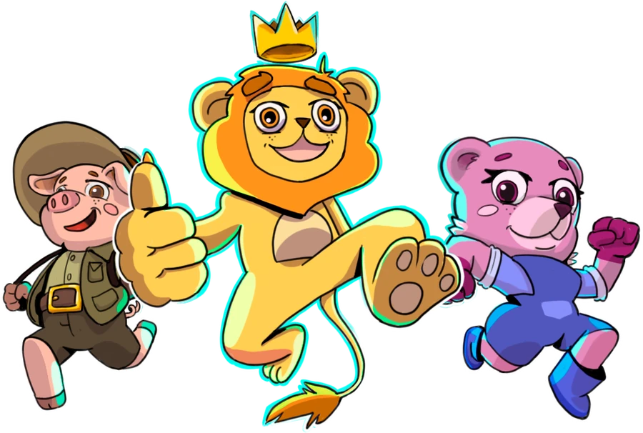 Three Fiesta7 characters: an explorer pig, a crowned lion and a pink bear.