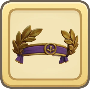 A golden laurel crown on a purple band.